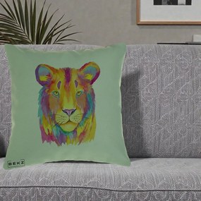 Perna Decorativa Leu Acuarela Curcubeu, 40x40 cm, Verde, Husa Detasabila, Perna Inclusa, BEKZ®