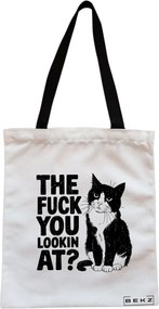 Sacosa de Panza pentru Cumparaturi, Geanta Tote, model What are you looking at?, Cu fermoar, 38x34.5 cm, Alba, BEKZ®
