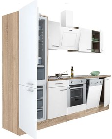 Mobilă de bucătărie Yorki 280, corp din stejar sonoma, față alb satinat, element cuptor inferior, frigider congelator inferior
