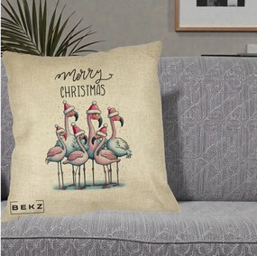 Perna Decorativa Flamingo Merry Christmas, 40x40 cm, Crem, Husa Detasabila, Perna Inclusa, BEKZ®