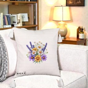 Perna Decorativa Lavanda Musetel si Flori Mov, 40x40 cm, Bej cu Franjuri, Husa Detasabila, Perna Inclusa, BEKZ®