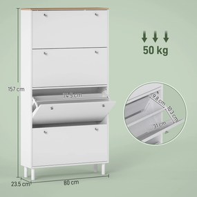 Dulap Îngust HOMCOM pentru Încălțăminte cu 4 Sertare Rabatabile, Dulap Subțire pentru Depozitarea Încălțămintei cu Rafturi Reglabile pentru Hol, Capacitate 24–32 Perechi, Alb | Aosom Romania