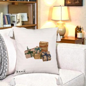 Perna Decorativa Cadouri de Craciun Kraft, 40x40 cm, Bej cu Franjuri, Husa Detasabila, Perna Inclusa, BEKZ®