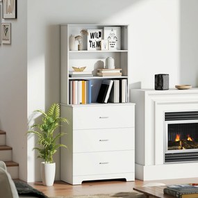 Bibliotecă HOMCOM cu 3 rafturi deschise și 3 sertare, din lemn, 79x39.5x182.2 cm, Alb | Aosom Romania