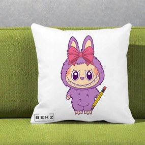 Perna Personalizata Labubu Mov cu Funda Rosie si Creion, 40x40 cm, Alba Mata, Husa Detasabila, Perna Inclusa, BEKZ®