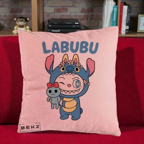 Perna Personalizata Labubu x Stitch cu Flori, 40x40 cm, Roz, Husa Detasabila, Perna Inclusa, BEKZ®