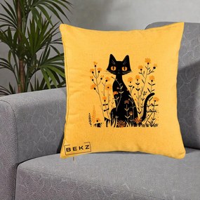 Perna Decorativa Pisica Neagra Ochi Galbeni Flori Galbene, 40x40 cm, Galben, Husa Detasabila, Perna Inclusa, BEKZ®