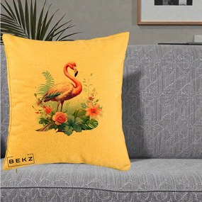Perna Decorativa Flamingo cu Flori Tropicale Acuarela, 40x40 cm, Galben, Husa Detasabila, Perna Inclusa, BEKZ®