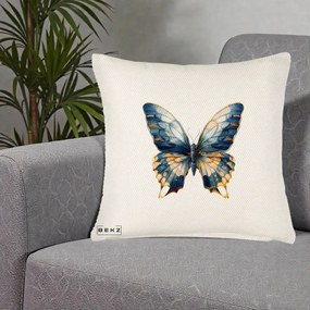 Perna Decorativa Fluture Albastru Auriu Elegant, 40x40 cm, Crem Reliefat, Husa Detasabila, Perna Inclusa, BEKZ®