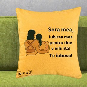 Cadou pentru Sora - Perna Personalizata Sora Mea Te Iubesc Doua Fete Fashioniste Line Art, 40x40 cm, Galben, Husa Detasabila, Perna Inclusa, BEKZ®