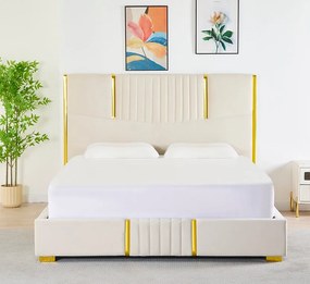 Pat Tapitat din Catifea Bej cu Somiera si Saltea , 160x200 cm, Cod LB-215