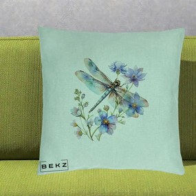 Perna Decorativa Libelula Acuarela Flori Albastre, 40x40 cm, Verde Menta, Husa Detasabila, Perna Inclusa, BEKZ®