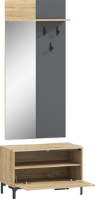 HOMCOM Set garderobă pentru hol, bancă pentru pantofi, oglindă, 3 cârlige, raft deschis, mobilier de hol, Lemn natural+Gri | Aosom Romania