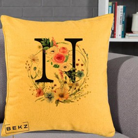 Cadou Personalizat - Perna Personalizata Monogram Litera N cu Flori Acuarela, 40x40 cm, Galben, Husa Detasabila, Perna Inclusa, BEKZ®