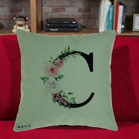 Cadou Personalizat - Perna Personalizata Monograma Florala Litera C, 40x40 cm, Verde, Husa Detasabila, Perna Inclusa, BEKZ®