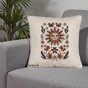 Perna Decorativa Soare Boho Folk Fluturi, 40x40 cm, Bej Canapea, Husa Detasabila, Perna Inclusa, BEKZ®