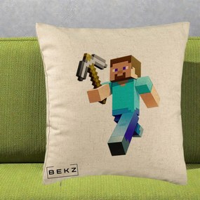 Perna Personalizata Minecraft Steve cu Tarnacop, 40x40 cm, Bej, Husa Detasabila, Perna Inclusa, BEKZ®