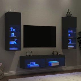 3216616 vidaXL Unități de perete TV cu LED-uri, 6 piese, negru, lemn prelucrat