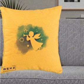 Perna Decorativa Inger cu Trompeta Albastru, 40x40 cm, Galben, Husa Detasabila, Perna Inclusa, BEKZ®