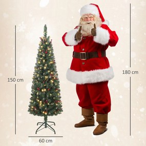 HOMCOM Pom de Crăciun Subțire 150 cm Artificial, Lumini Incorporate în 8 Moduri, 311 Ramuri Dense Ignifuge Înzăpezite, 30 Conuri de Pin și 30 Ciorchini de Boabe, Pom de Crăciun Înalt și Strâmt cu Bază din Metal | Aosom Romania