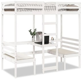 vidaXL Cadru pat etajat, birou/scaune, alb, 75x190 cm, lemn masiv pin