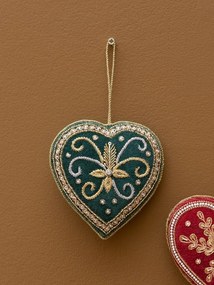 Set 2 ornamente decorative din catifea, verde și bordo, formă de inimă, broderii din fir auriu și contur din perle, 11 x 11 cm, „Cœur”