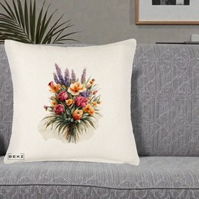 Perna Decorativa Buchet Mixt Acuarela Lavanda-Trandafiri, 40x40 cm, Crem Reliefat, Husa Detasabila, Perna Inclusa, BEKZ®