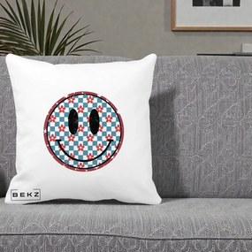 Perna Decorativa Smiley Face Checkered cu Floricele, 40x40 cm, Alba Mata, Husa Detasabila, Perna Inclusa, BEKZ®