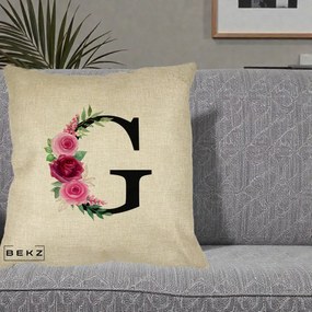 Cadou Personalizat - Perna Personalizata Monograma Florala Litera G, 40x40 cm, Crem, Husa Detasabila, Perna Inclusa, BEKZ®