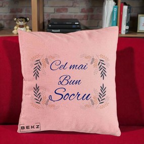 Cadou pentru Socru - Perna Personalizata Cel mai Bun Socru cu Ramuri Frunze Albastre si Aurii, 40x40 cm, Roz, Husa Detasabila, Perna Inclusa, BEKZ®
