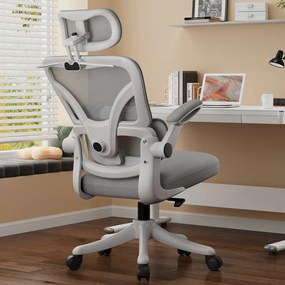 ErgoVision Sponge – Scaun Ergonomic, Suport Lombar Reglabil, Tetieră Reglabilă, Cotiere Rabatabile, Recliner 135°, Umeras, Mesh, Alb/Gri