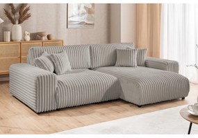 Colțar gri deschis extensibil, cu spațiu de depozitare, cu tapițerie din catifea reiată (cu colț pe partea dreaptă) Sarina – Ropez