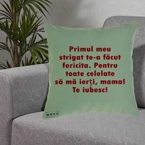 Cadou pentru Mama - Perna Personalizata Primul Strigat Mama, 40x40 cm, Verde, Husa Detasabila, Perna Inclusa, BEKZ®