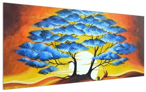 Tablou orintal cu pom albastru și soarele (120x50 cm), în 40 de alte dimensiuni noi