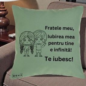 Cadou pentru Frate - Perna Personalizata Fratele Meu Te Iubesc Copii Anime Line Art Negru, 40x40 cm, Verde, Husa Detasabila, Perna Inclusa, BEKZ®
