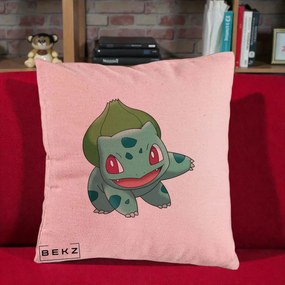 Perna Personalizata Bulbasaur Pokemon, 40x40 cm, Roz, Husa Detasabila, Perna Inclusa, BEKZ®