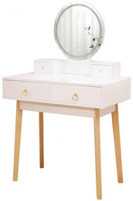 Set Debra, Masa de toaleta pentru machiaj, cu oglinda iluminata banda LED, control touch, 4 sertare, scaun, Alb