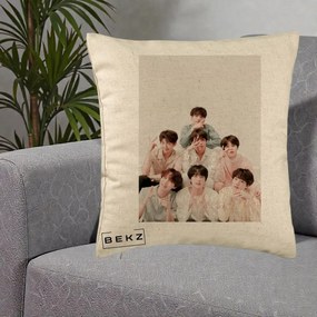 Perna Personalizata K-pop BTS Foto Grup Pastel, 40x40 cm, Bej, Husa Detasabila, Perna Inclusa, BEKZ®