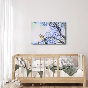 Tablou - Pasăre pe un copac cu flori albastre (90x60 cm)