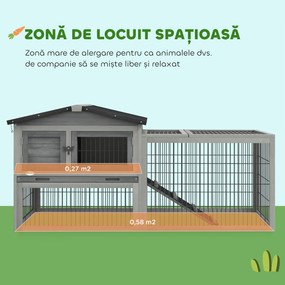 PawHut Cuib Exterior din Lemn de Brad cu Rampă, Acoperiș Rabatabil Impermeabil, Sertar Detașabil, Cuib pentru Iepuri, Animale Mici, Gri Deschis | Aosom Romania