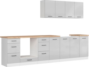 Set bucatarie JUNONA LINE, gri deschis/alb, PAL, 300 cm, cu blat steja