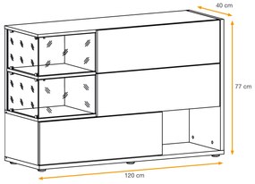 Comoda moderna, push open, 120x77x40 cm, alb lucios cu stejar inchis, cu led , cu 3 usi, vitrina sticla securizata, si spatiu gol, Bortis