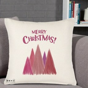 Perna Decorativa Merry Christmas Brazi Roz, 40x40 cm, Crem Reliefat, Husa Detasabila, Perna Inclusa, BEKZ®