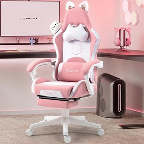 DOWINX Scaun gaming, ergonomic, suport lombar cu masaj, rabatabil 90°-140°, Suport picioare, material respirabil, Roz