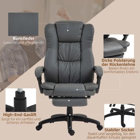 Vinsetto Scaun de birou reglabil cu suport pentru picioare, tetiere, funcție de masaj, piele ecologică, 68,5x68,5x113-121cm, Gri închis | Aosom Romania