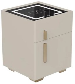 Noptieră inteligentă cu &icirc;ncărcare wireless, iluminare LED, 1 sertar de depozitare și seif &ndash; albă, design modern din sticlă și lemn