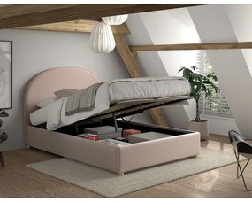 Pat matrimonial roz tapițat cu spațiu de depozitare cu somieră 140x200 cm Moon – Vipack