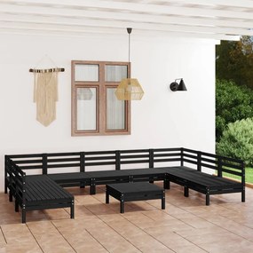 Set mobilier de grădină, 10 piese, negru, lemn masiv de pin