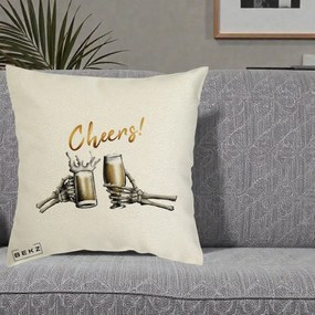 Perna Decorativa Halloween Cheers Schelete cu Bere, 40x40 cm, Ecru, Husa Detasabila, Perna Inclusa, BEKZ®