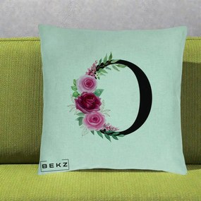 Cadou Personalizat - Perna Personalizata Monograma Florala Litera O, 40x40 cm, Verde Menta, Husa Detasabila, Perna Inclusa, BEKZ®